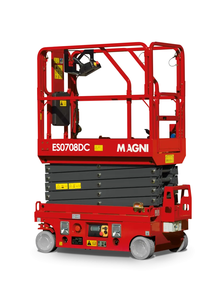 Kompakte Magni ES0708DC Scherenbühne mit Elektroantrieb, hochfeste Reifen und ausziehbarer Plattform